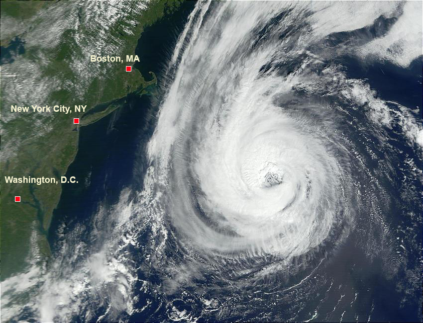 Hurricane Erin on September 11, 2001. It is just off the East Coast.  The image was provided by NASA; I just added the approximate city locations.